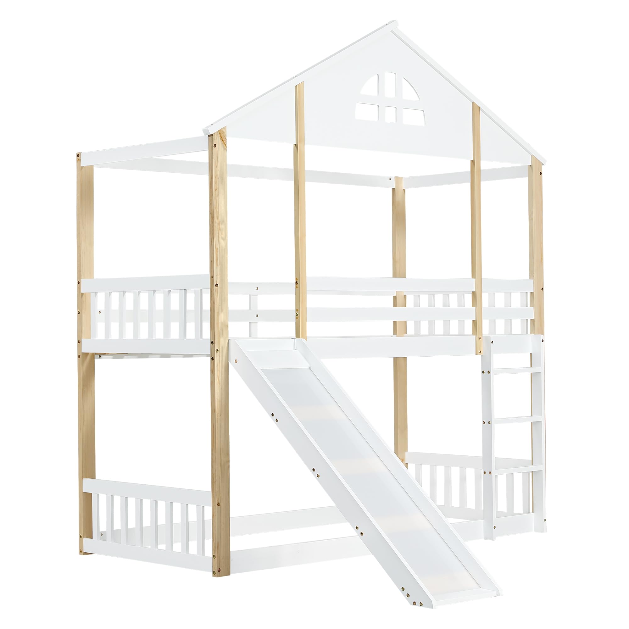 SACOOL Letto a castello 90 x 200 cm con finestre e scala angolare a tre livelli, culla con scivolo, letto con recinzioni e protezione anticaduta, telaio in legno massello, bianco e naturale