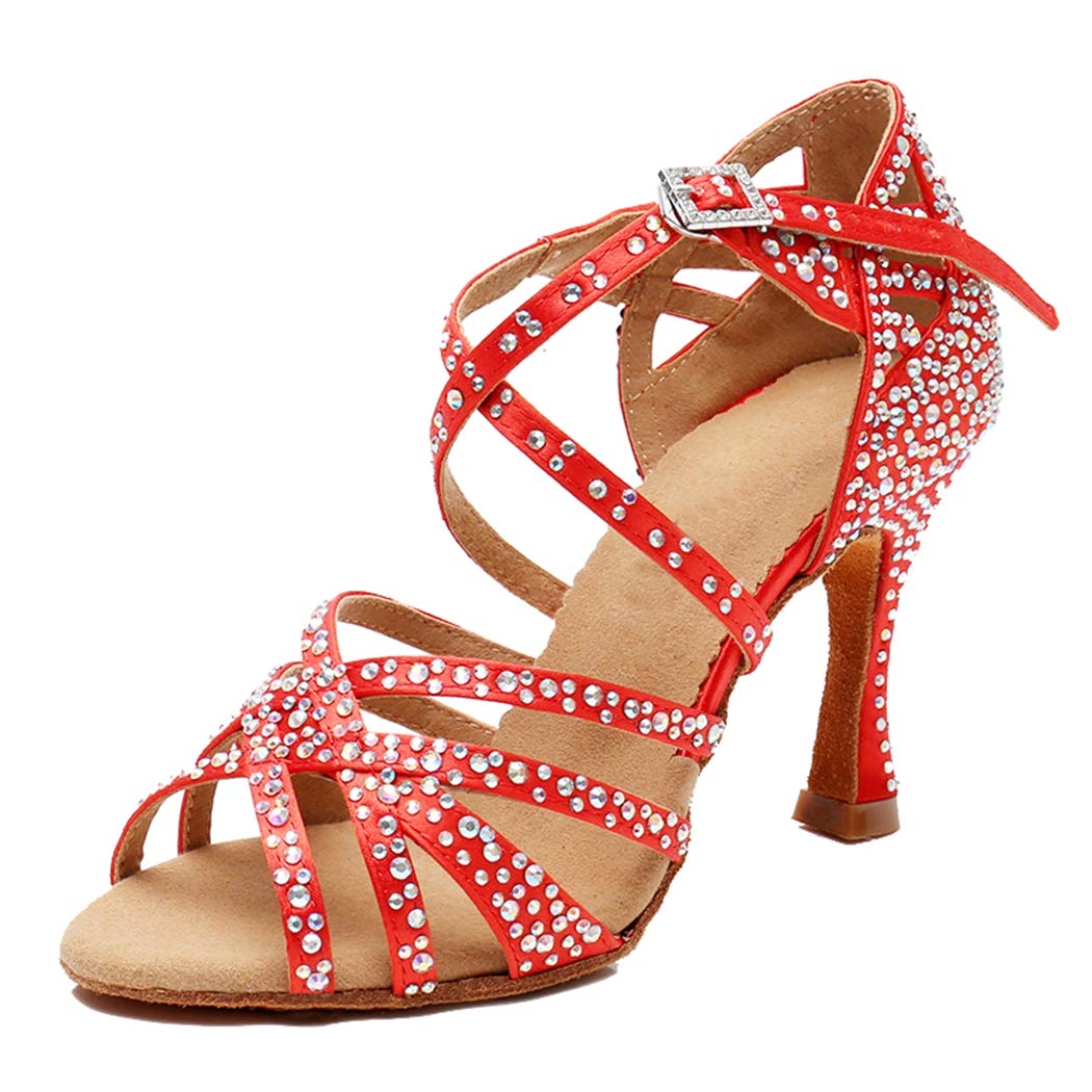 Sandalias de baile moderno latino con correa cruzada para mujer, con diamantes de imitación de tango social, bailes, Tacón marrón de 9 cm. — view 3