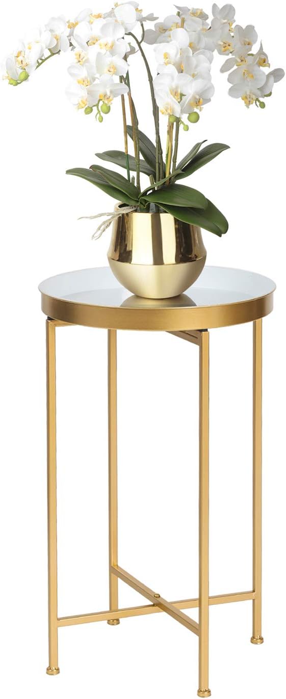 Joveco Round End Table Folding Gold Metal Side Tables Small Nightstand with Removable Tray/White- Accent Coffee Tables Sofa Table for Living Room Bedroom