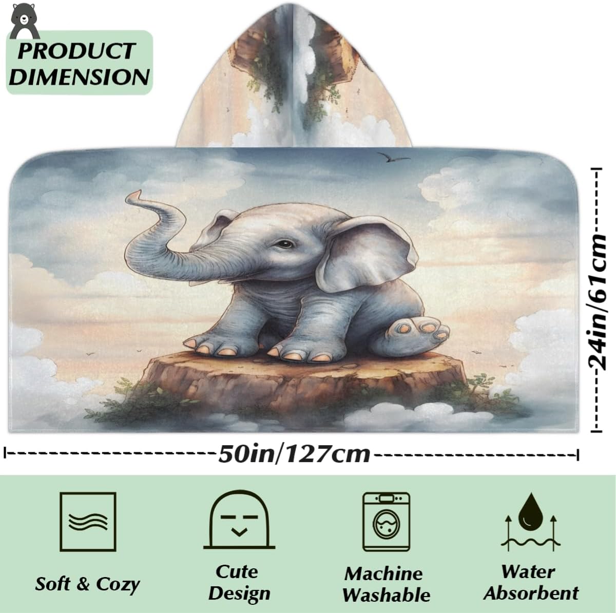 Pardick Kids Bath Towel Cute Elephant Beach Towel with Hood Pool Cover Up for Girls Boys Soft Absorbent Hooded Bath Towel Toddler Towels for Beach, Pool