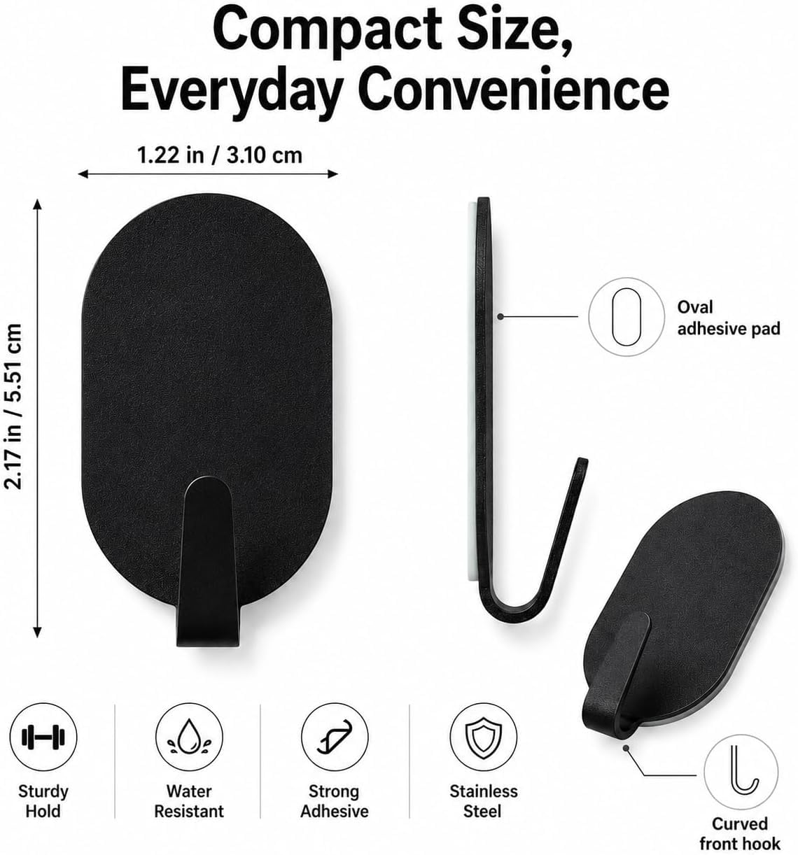 Self Adhesive Wall Hooks - Black Stainless Steel -3