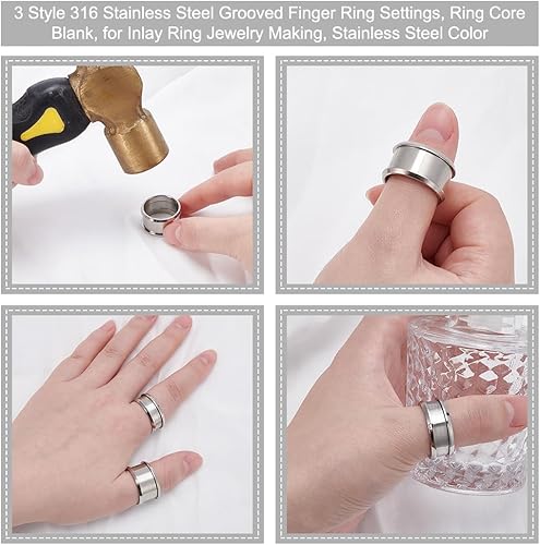 Miniatura 4 de UNICRAFTALE 3 juegos de 3 tamaños de anillo de dedo ranurado 316 acero inoxidable desmontable núcleo en blanco para incrustaciones de anillo de