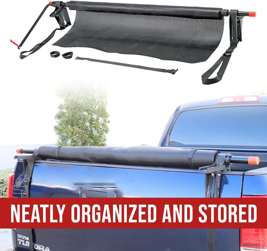 Boxer Truck Bed Unloader tarp rolled up and stored neatly against the tailgate.
