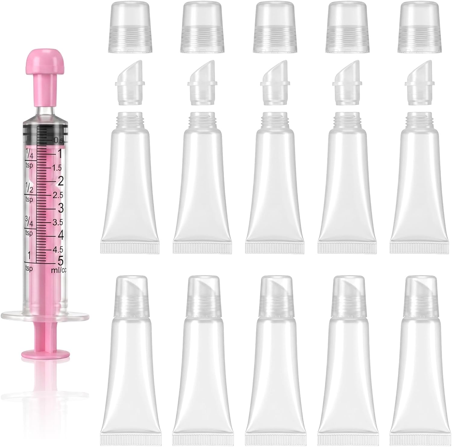 10Pcs 10ml Mini Clear Refillable Empty Lip Gloss Balm Tubes, Lip Gloss Tubes with 5ml Syringes Soft Cosmetic Squeeze Tube for DIY LipGloss Base Glitter Pigment Powder