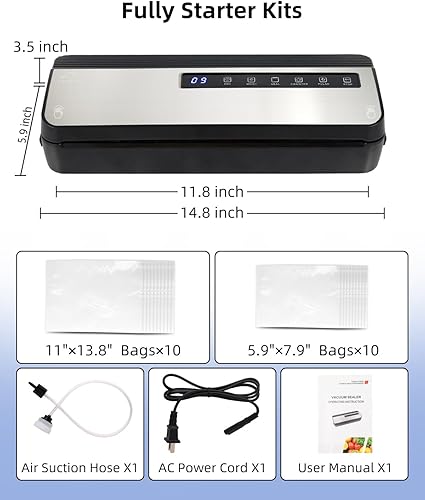 Miniatura 8 de Máquina selladora al vacío para alimentos, 80KPA Potente sellador automático de alimentos 8 en 1 con modos seco y húmedo, almacenamiento de bolsas,