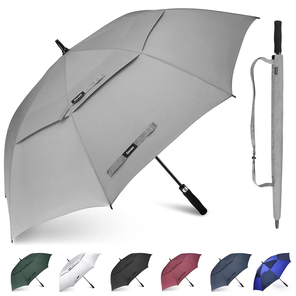 Gonex 62 Inch Extra Large Golf Umbrella, Automatic Open Travel Rain Umbrella with Windproof Water Resistant Double Canopy, Oversize Vented Umbrellas for 2-3 Men and UV Protection, Grey