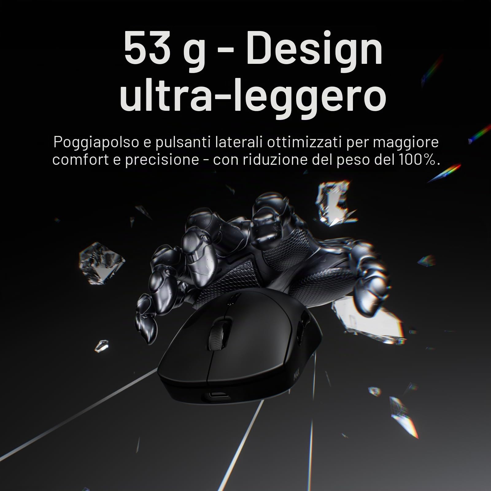 Rapoo VT2 MAX Mouse Wireless Gaming 53g Ultraleggero eSport Mouse da Gioco | PAW3950 30K DPI, 8000Hz, Nordic nRF54L15 MCU, Batteria 750 Ore, 10 Tasti Programmabili, Mouse Ricaricabile per PC/ Mac, Nero