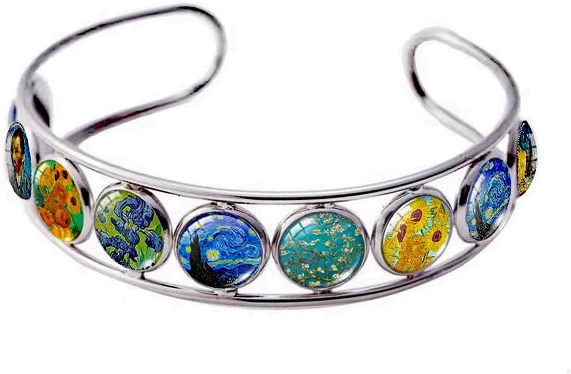 Van Gogh Cuff Bracelet Art Pattern Under Glass Dome Jewelry Handmade