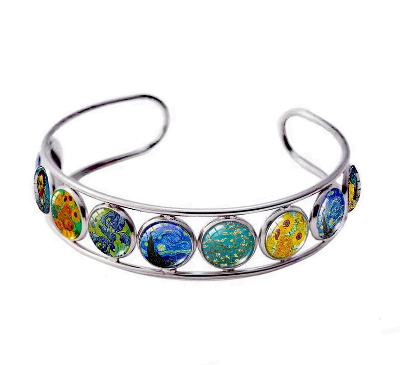 Blazing Autumn Van Gogh Cuff Bracelet Art Pattern Under Glass Dome Jewelry Handmade