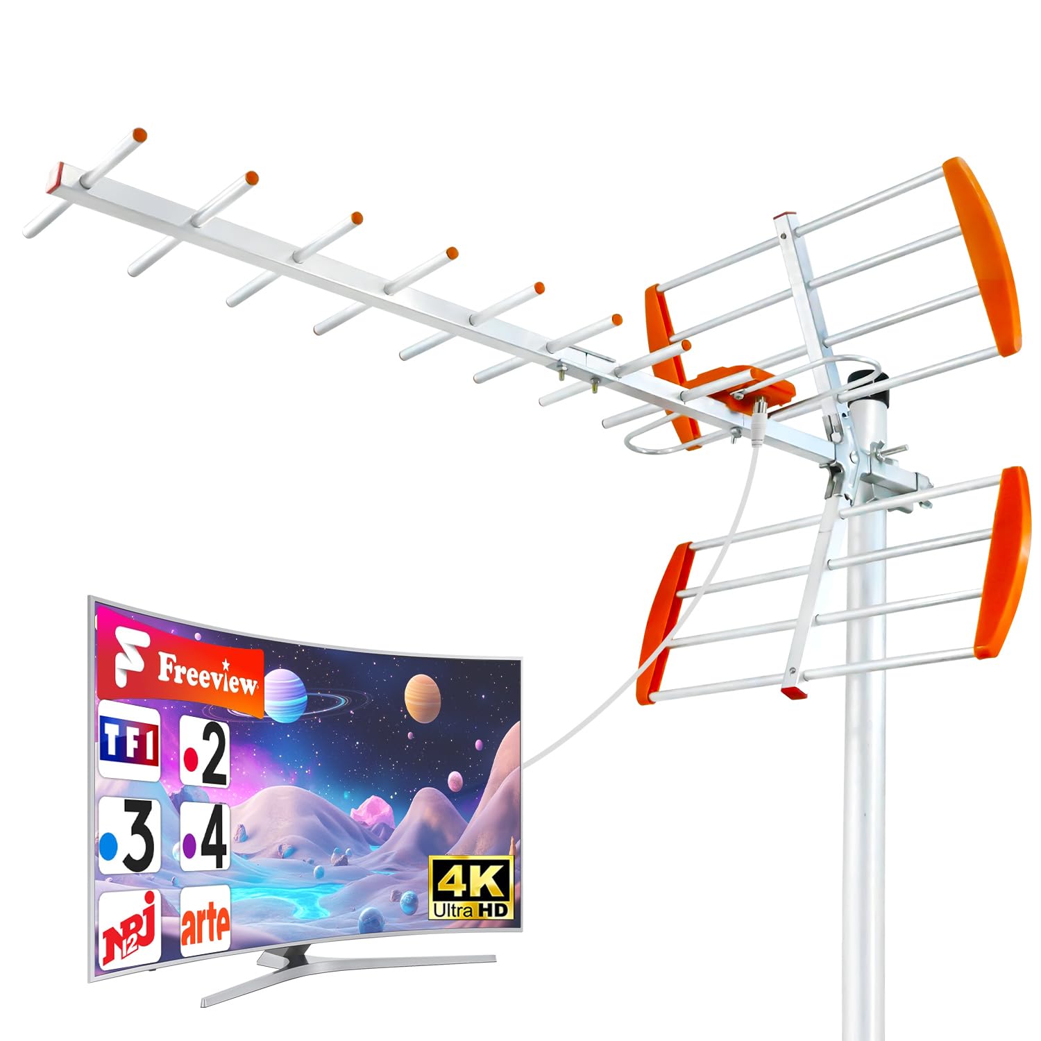 Antenna TV esterna Yagi a lungo raggio - Ricezione TNT HD/UHD 4K - Antenna Rastrello potente per zona bianca - compatibile DVB-T/T2 - Filtro 4G/5G - Cavo coassiale 8M incluso (K09E-FR-260402-Orange)