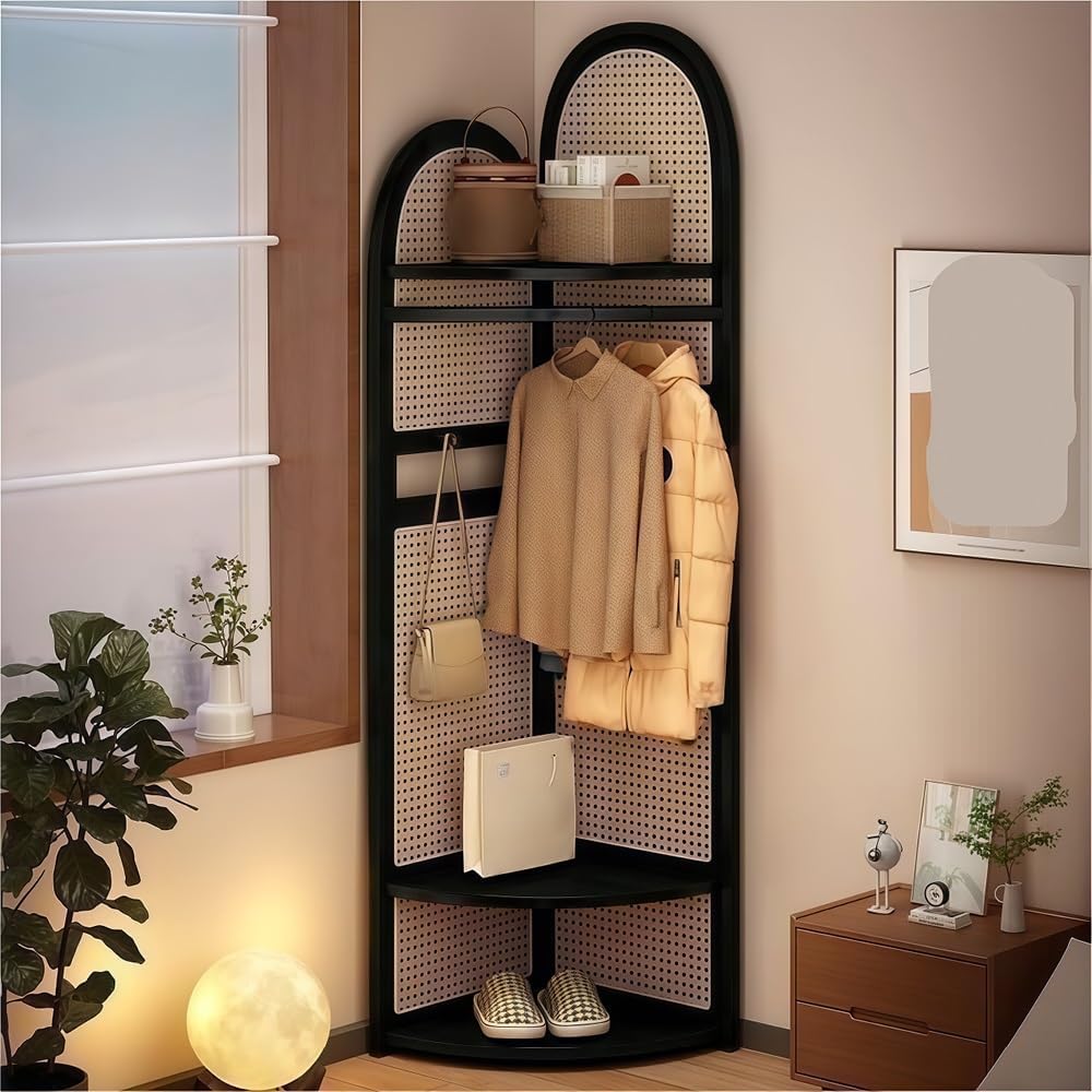Wooden Corner Clothes Rack with Rattan Panels, Freestanding Hall Tree for Bedroom, 3-Tier Corner Coat Shelves for Entryway or Bedroom(Black)