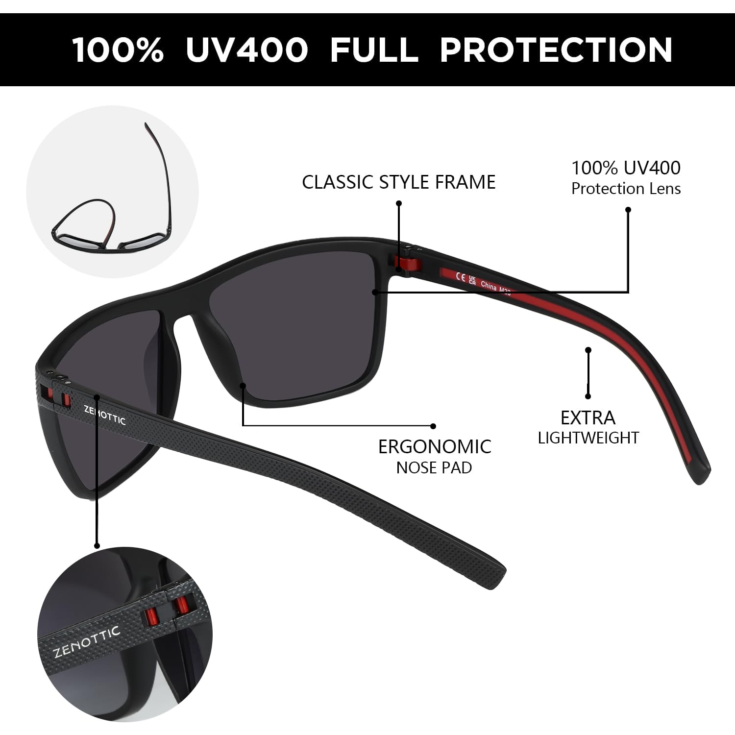 ZENOTTIC Occhiali da sole polarizzati uomo leggero TR90 montatura UV400 protezione occhiali da sole quadrati
