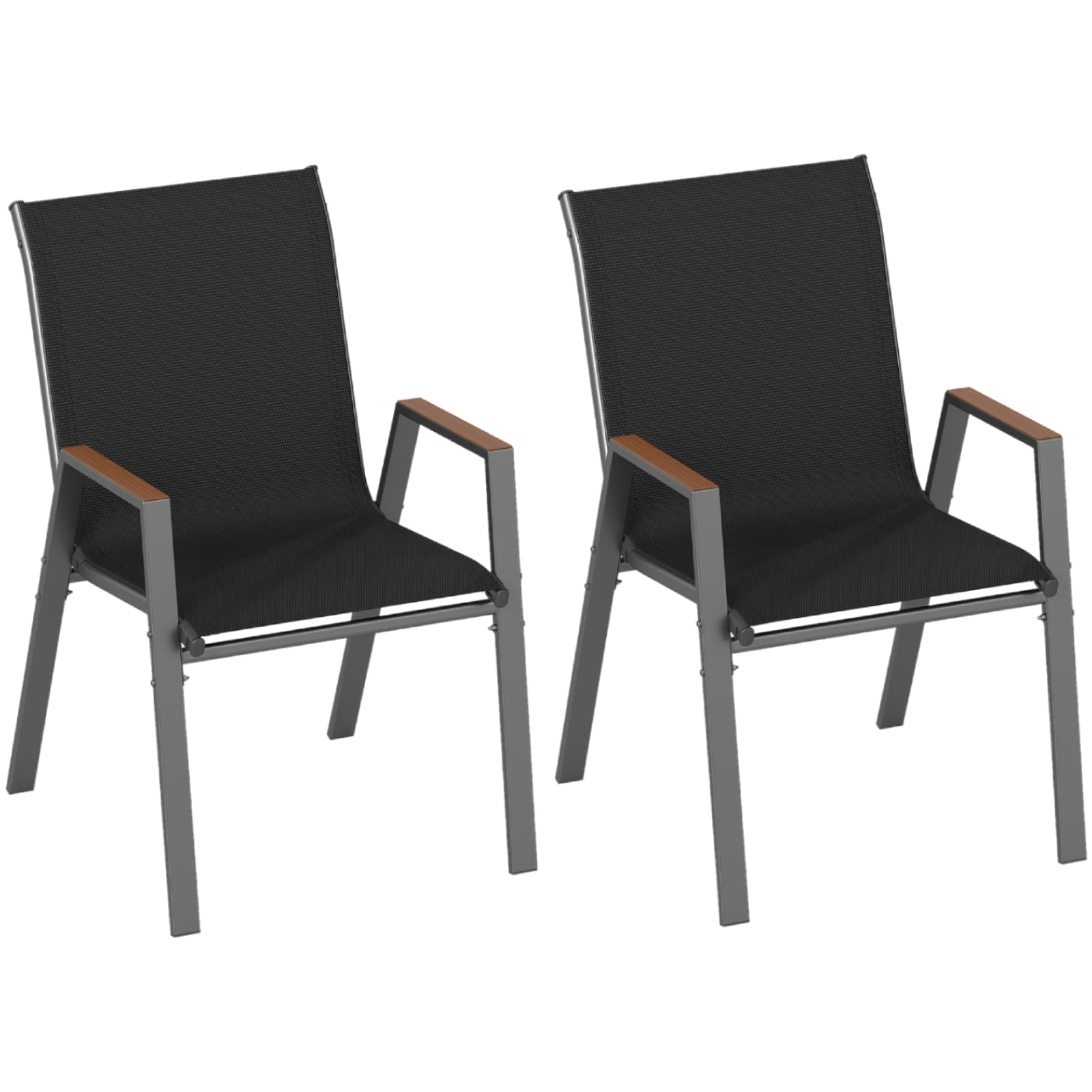 TANGZON Garden Dining Chairs Set of 2/4, Metal Frame Outdoor Stackable Armchairs with Backrests & Wood-Plastic Armrests, Breathable Patio Dining Chairs for Balcony Poolside Backyard (2, Black)