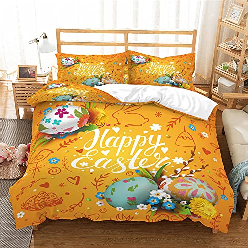 LTHCELE Bettwäsche 3D Gedruckter Bettbezug Kissenbezug 200 x 200 cm Gelb Ostern Ei Hase Weiche Microfaser Wende Bettwäsche Bettdeckenbezug Cover
