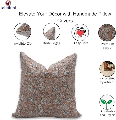 Miniatura 4 de Funda de almohada de lino grueso, hecha a mano con cremallera, estampado floral con diseño bohemio (marrón óxido, 20 x 20 pulgadas)