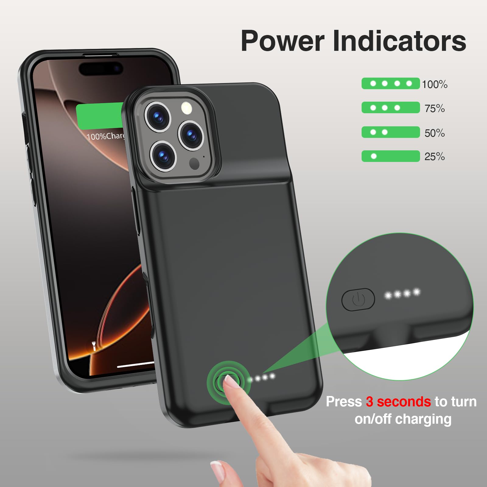 Funda de batería para iPhone 16 Pro, 15 W, carga rápida, 8500 mAh, ultradelgada, ligera, potente, recargable, anticaídas, caja de carga para iPhone 16 Pro (6.3 pulgadas), color negro