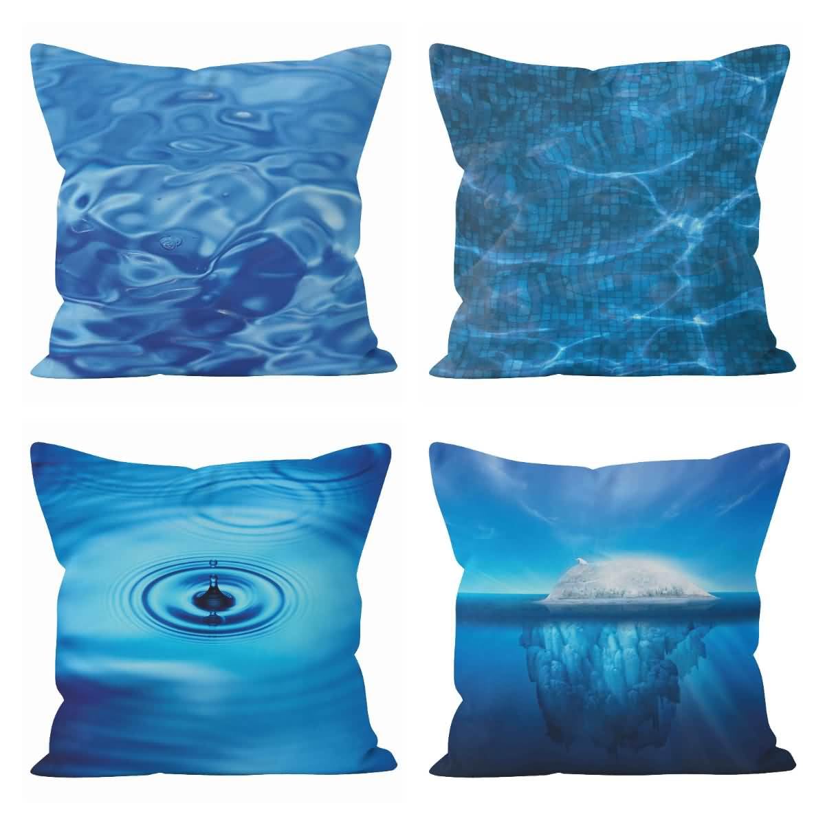 Linge housses de coussin en lin bleu motif eau 50x50 pour terrasse et salon haut de gamme