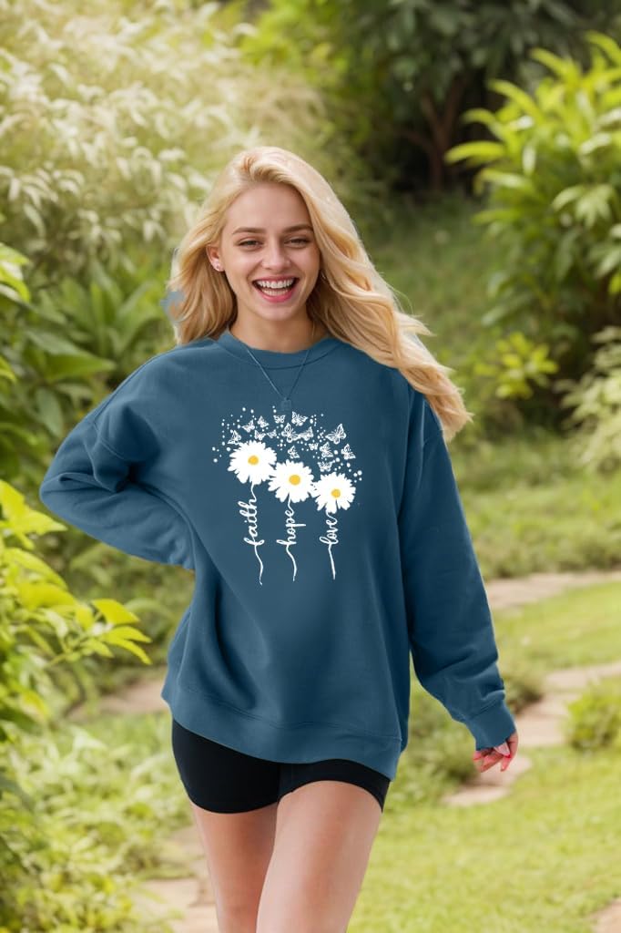 Christian Sweatshirts For Women Oversize Faith-Hope-Love Daisy Graphic Pullover Top Casual Loose Fit Tops - Image 3