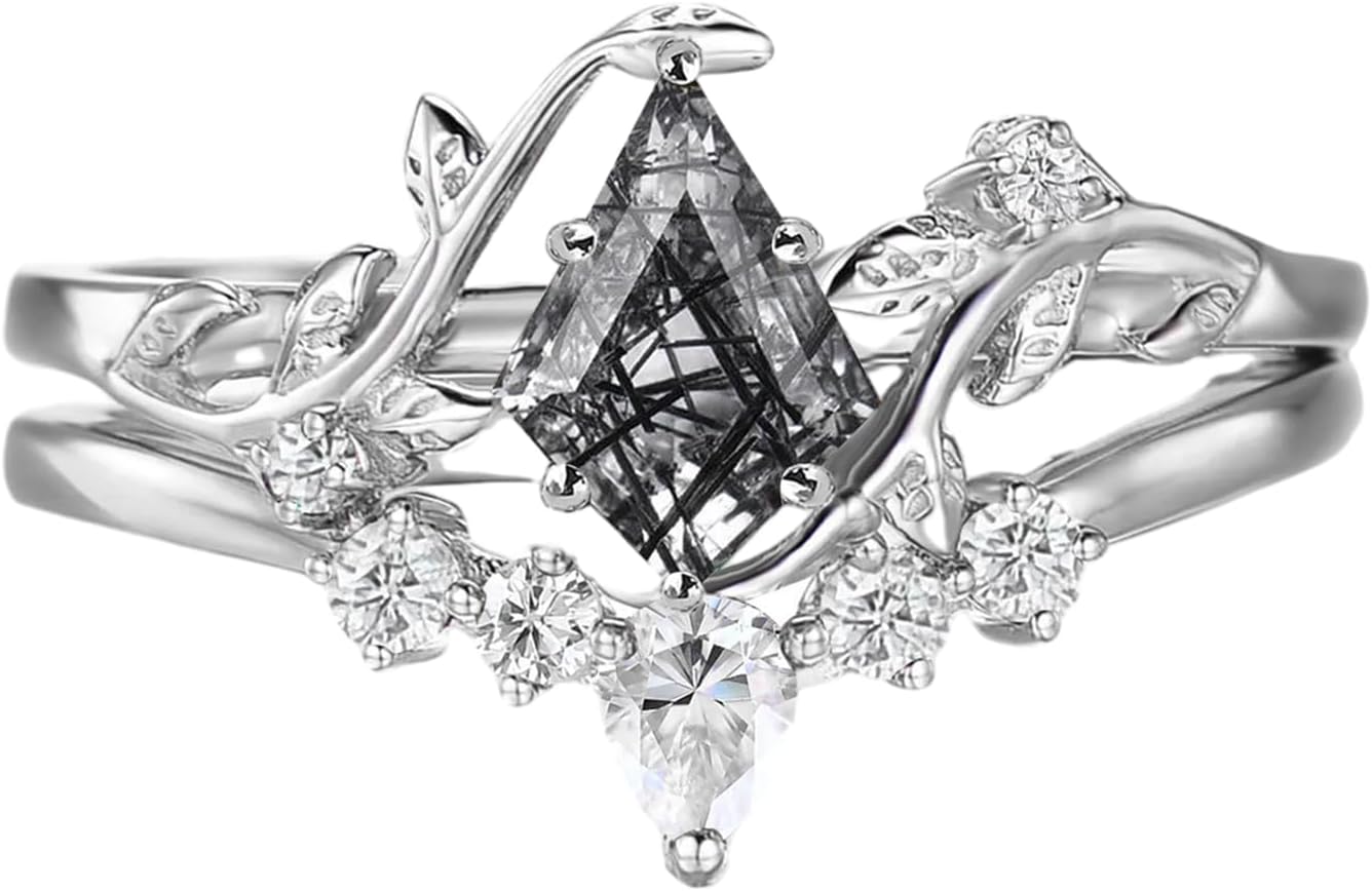 Gemstone Engagement Ring Set Kite Cut Art Deco Moss Agate Alexandrite Sandstone Opal with Moissanite Wedding Bridal Set Gemstone Promise Rings for Women Anniversary Jewelry Gifts