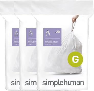simplehuman CW0257 code G Custom Fit Bin Liner Bulk Pack, White Plastic 3 Pack of 20, Total 60 Liners