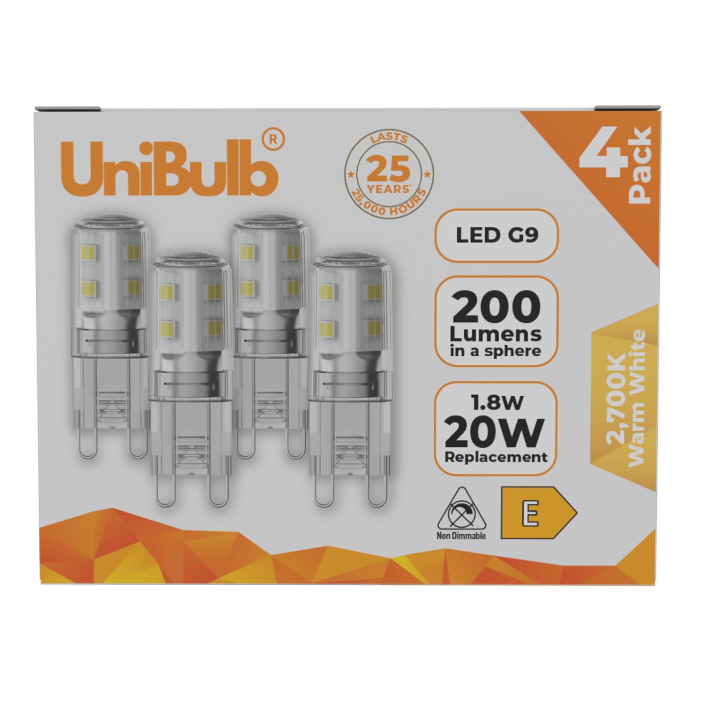 Unibulb G9 LED Light Bulbs, 200 Lumens, 1.8W (20W Halogen Equivalent), Warm White (2700k), 220-240V, Bi-Pin Base Energy Saving, T3, 25,000hr lifespan (4) โ image 1