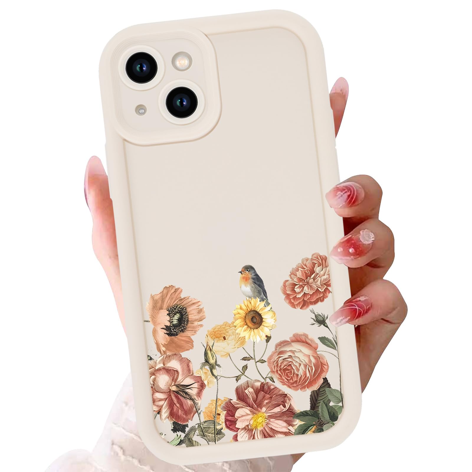 Zrutru Beige Phone Case for iPhone 15 6.1",Aesthetic Flowers Floral Cases Cute Birds Creative Pretty Design Pattern Women Cover,Soft TPU Shockproof