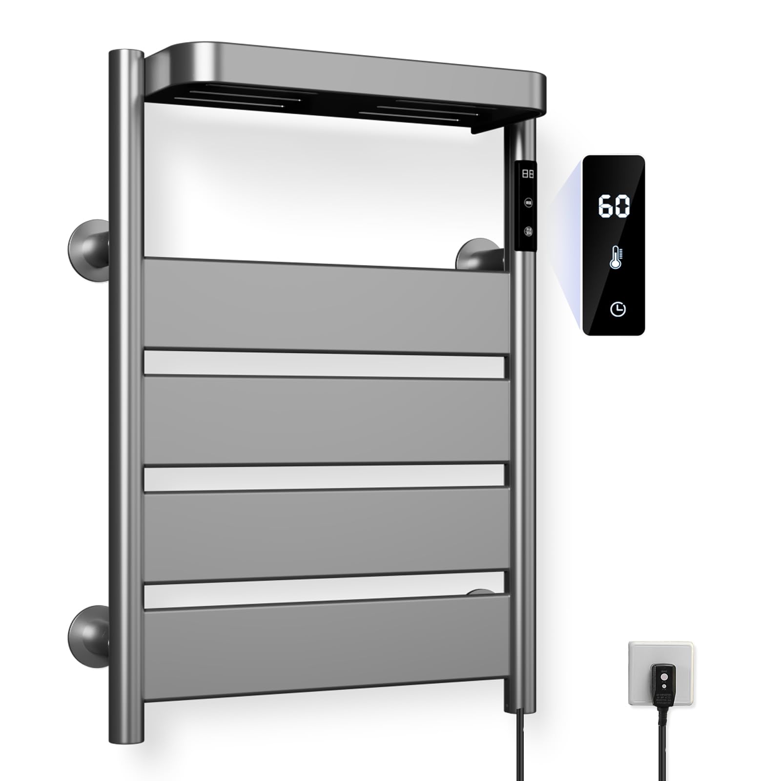 Towel Warmer Rack, Heated Towel Rack for Bathroom, Wall-Mounted Plug (Not Hardwired), Aluminum Alloy/4 Large Area Heating rods, with Timer and Temperature Adjustment, Overheat Protection Function Gray Medium Gray_4 Bar