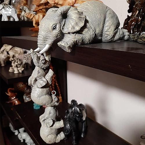 Miniatura 2 de 3 piezasjuego de niñera de elefante madres de elefante colgando de dos bebés estatua del borde de un estante o mesa figuras de resina pintadas a