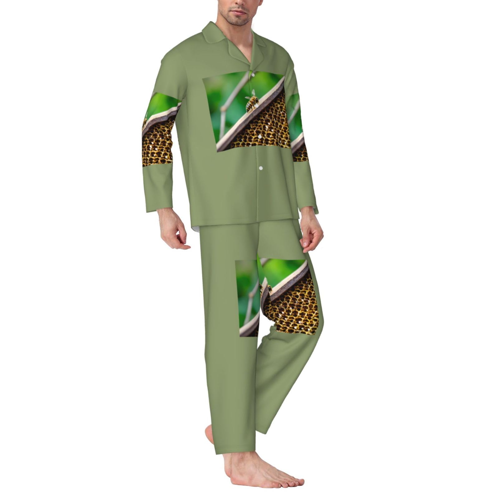 Herren-Pyjama-Set, langärmelig, mit Bienen-Motiv, zweiteilig, Hauskleidung, bequeme Nachtwäsche