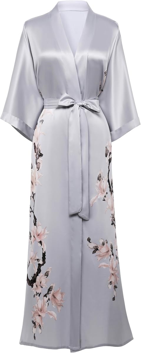 BABEYOND Bata tipo kimono de satén floral para mujer Ropa de salón con caja de bolsillos | Tela sedosa, ligera, hasta el tobillo, día de San Valentín, cierre de lazo, día de la madre, bolsillos laterales, ropa de fiesta nupcial