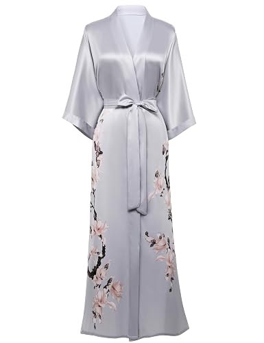 BABEYOND Kimono Robe Cover up with Box Long Floral Satin Sleepwear Silky Bathrobe Bachelorette Robe - One Size - Gray