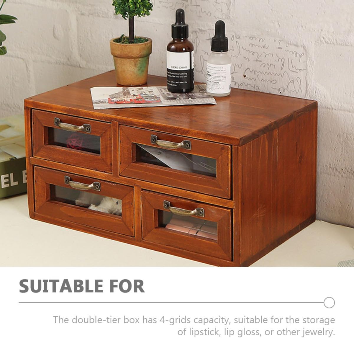 Wooden Double Layer Desktop Drawer Organizer with 4 Storage Drawers