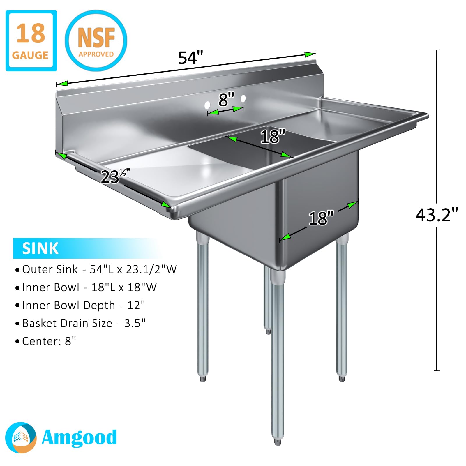 One Compartment Stainless Steel Commercial Kitchen Prep & Utility Sink with Left and Right Drainboards | Bowl Size 18