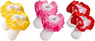3 Pairs Ruffle Lace Barbie Socks, Double Turn Cuff Princess Dress Socks for Newborn/Infant/Toddler/Little Baby Girls