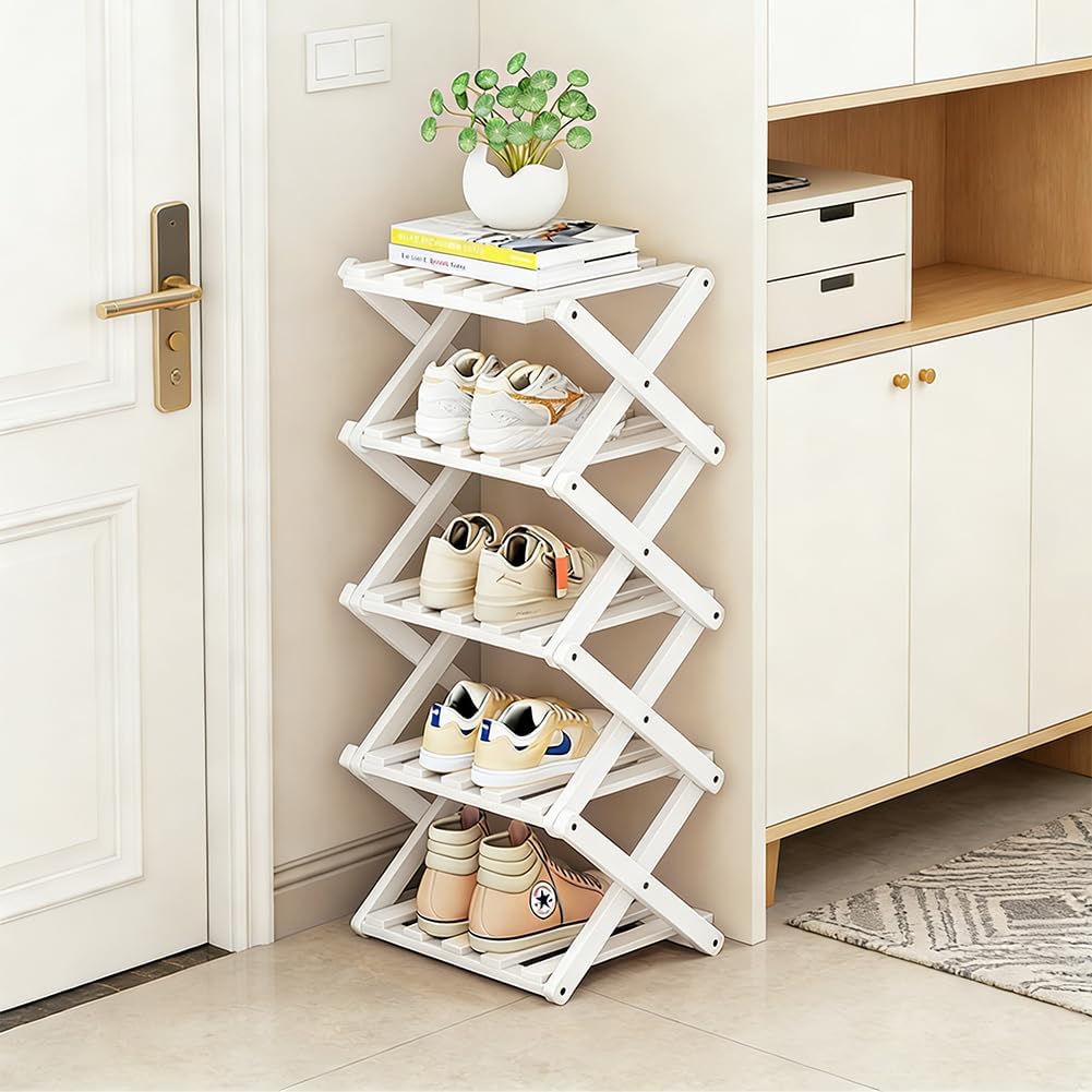 Small Shoe Rack, 5 Tier Shoe Rack, Slim, Space-Saving, Stackable, Small Shoe Cabinet, White, Made of Bamboo, No Installation, Freestanding Shelf, Stairs, Hallway, Bedroom, Corner, Small Rooms