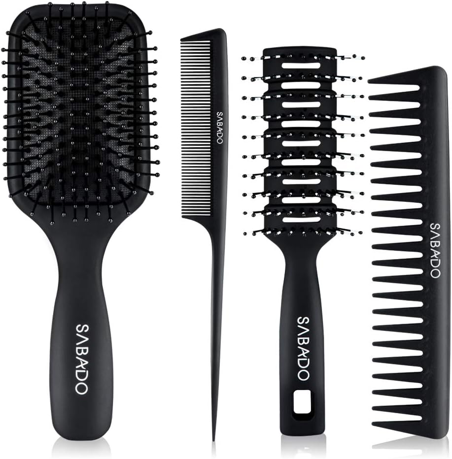 4Pcs Hair Brush Set, Brush and Comb Set for Men and Women, Detangler Brush Great On Wet Dry Long Thick Thin Curly Natural Hair (Black)