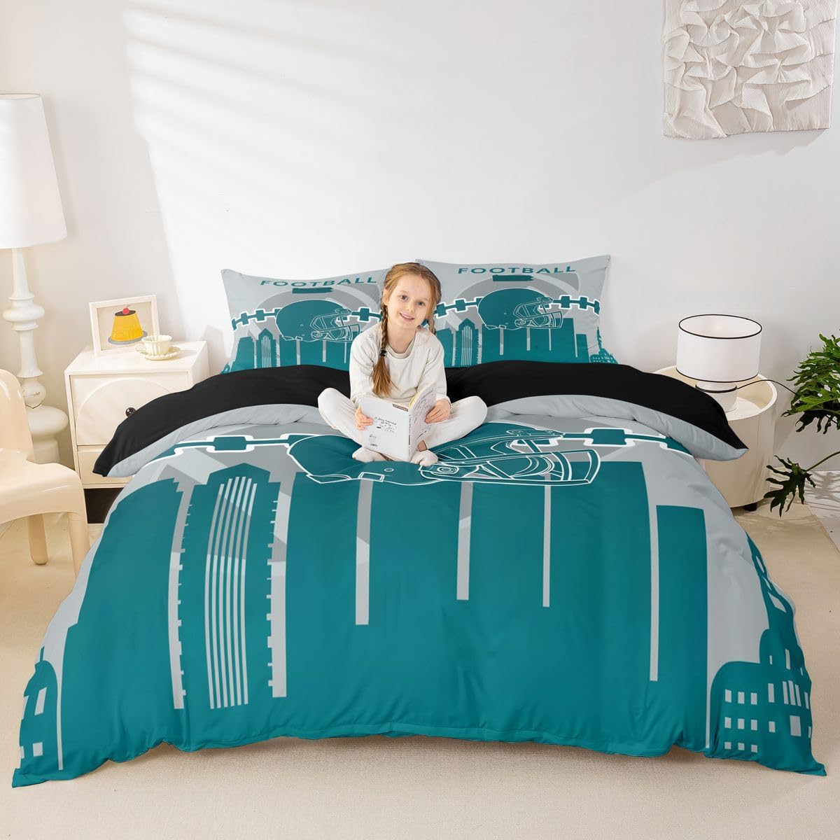 Erosebridal Football Themed Bedding Set Queen,Football Fans Duvet Cover for Boys,Football Lovers Comforter Cover,Rugby Bed Sets with 2 Pillow Shams Zipper Ties,Blue(Philadelphia)