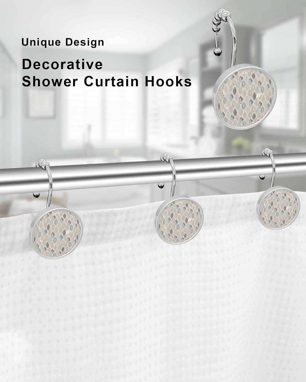Shower Curtain Hooks 12 Pcs, Leaves Specimens Blue Khaki Teal Grey Burlap Background Stainless Steel Rust Proof Rolling Shower Curtain Rings, Decorative Shower Curtain Hooks Hangers for Bathroom