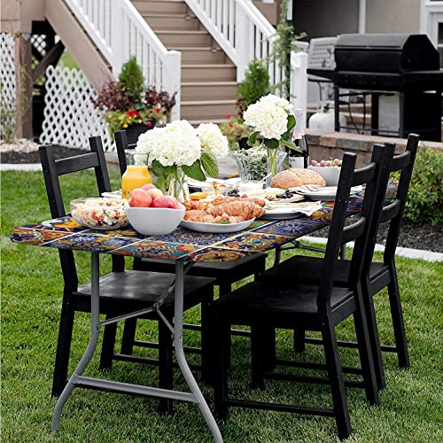 Bohemian Fitted Tablecloth Rectangle 6 Ft-(30" X 72"), Waterproof Wipeable Elastic Table Cover, Lisbon Mediterranean Floral Print Polyester Party Table Cloths, The Ultimate Protection For Your Table #TOP5