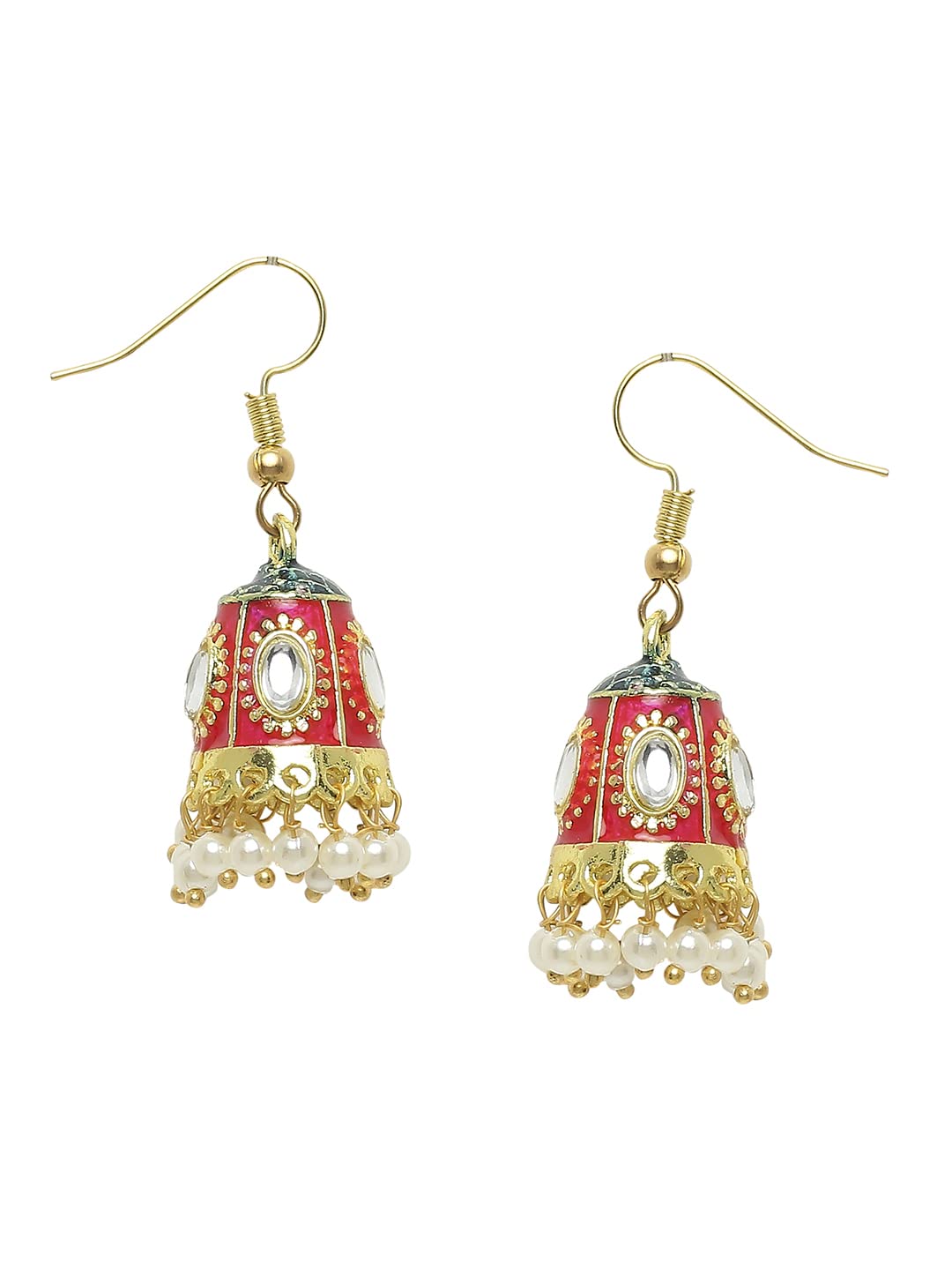 OOMPHJewellery Red Meenakari Kundan & Pearls Small Ethnic Jhumka Earrings For Girls & Women Stylish Latest