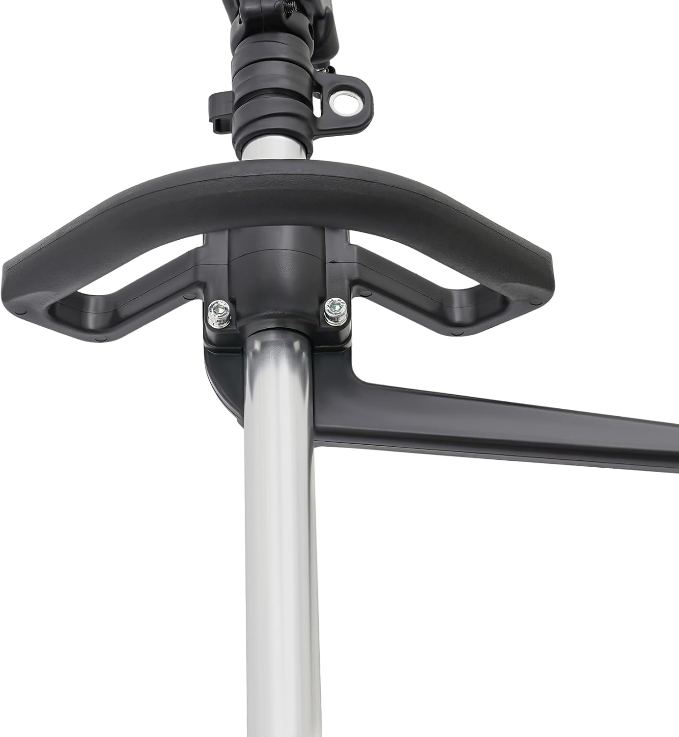 Close-up of the adjustable front handle assembly on the multi-tool's shaft, showing the secure mounting bolts.