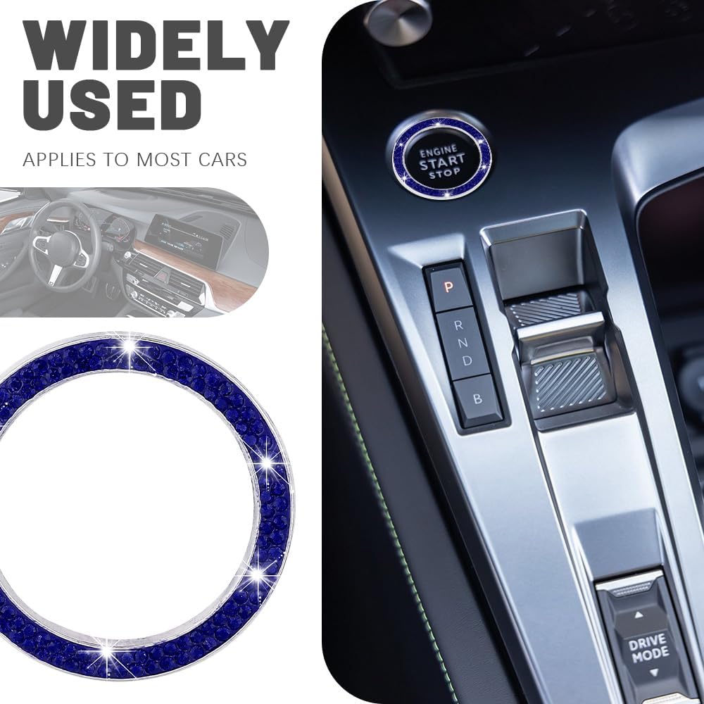 2PCS Bling Crystal Double Rhinestone Car Engine Start Stop Decoration Ring, Car Push Start Button Cover/Sticker, Key Ignition Knob Bling Ring, Car Interior Accessories for Women, Dark Blue image 3