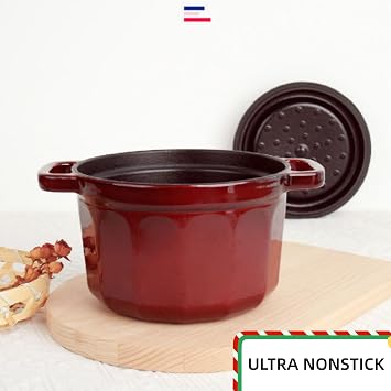 2QT Cast Iron Dutch Oven, Enamel Coated Cookware Pot with Star Knob for Home Baking, Braiser, Cooking, Red (2 Quart)