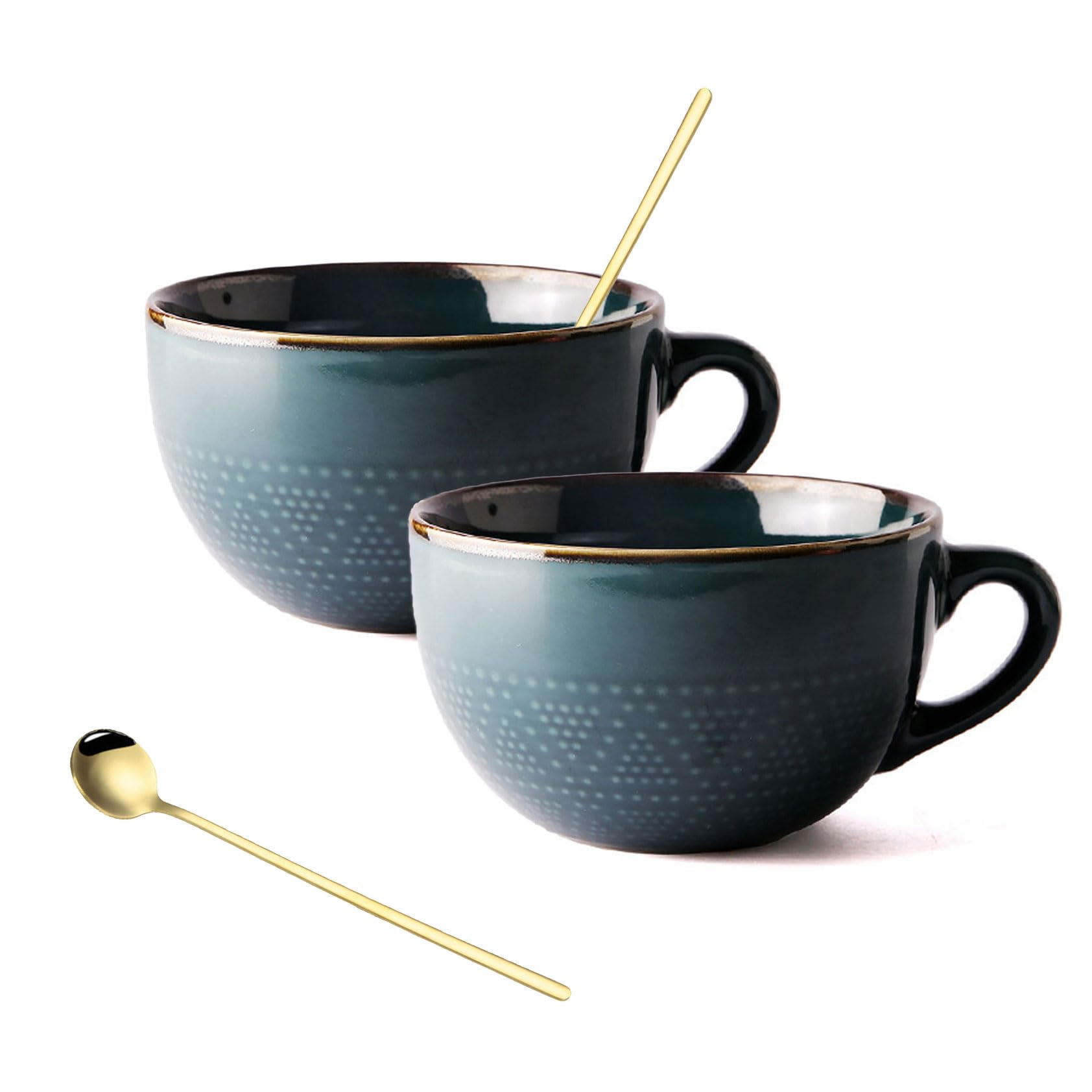 700 ML Large Ceramic Coffee Mug 2 Set with Coaster and Spoon?Grain Soup Cup/Coffee Mug/Salad Bowl for Coffee, Tea, Ice Cream, Cereal (Dark green 2 set)