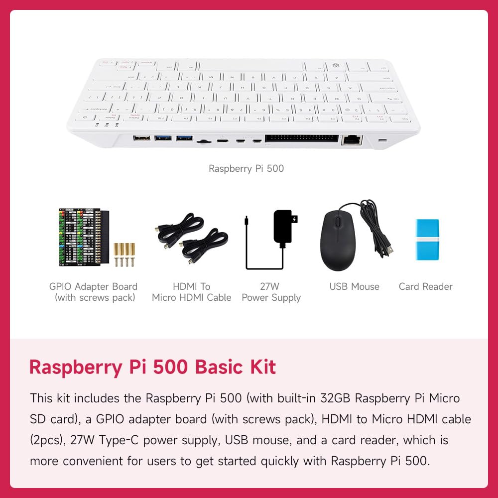 Waveshare Pi 500 Basic Kit, a Pi Designed Into a Keyboard, Support WiFi/BT, Dual-4K Outputs, with Raspberry Pi 500, GPIO Adapter Board, HDMI to Micro HDMI Cable, 27W Type-C Power Supply, etc