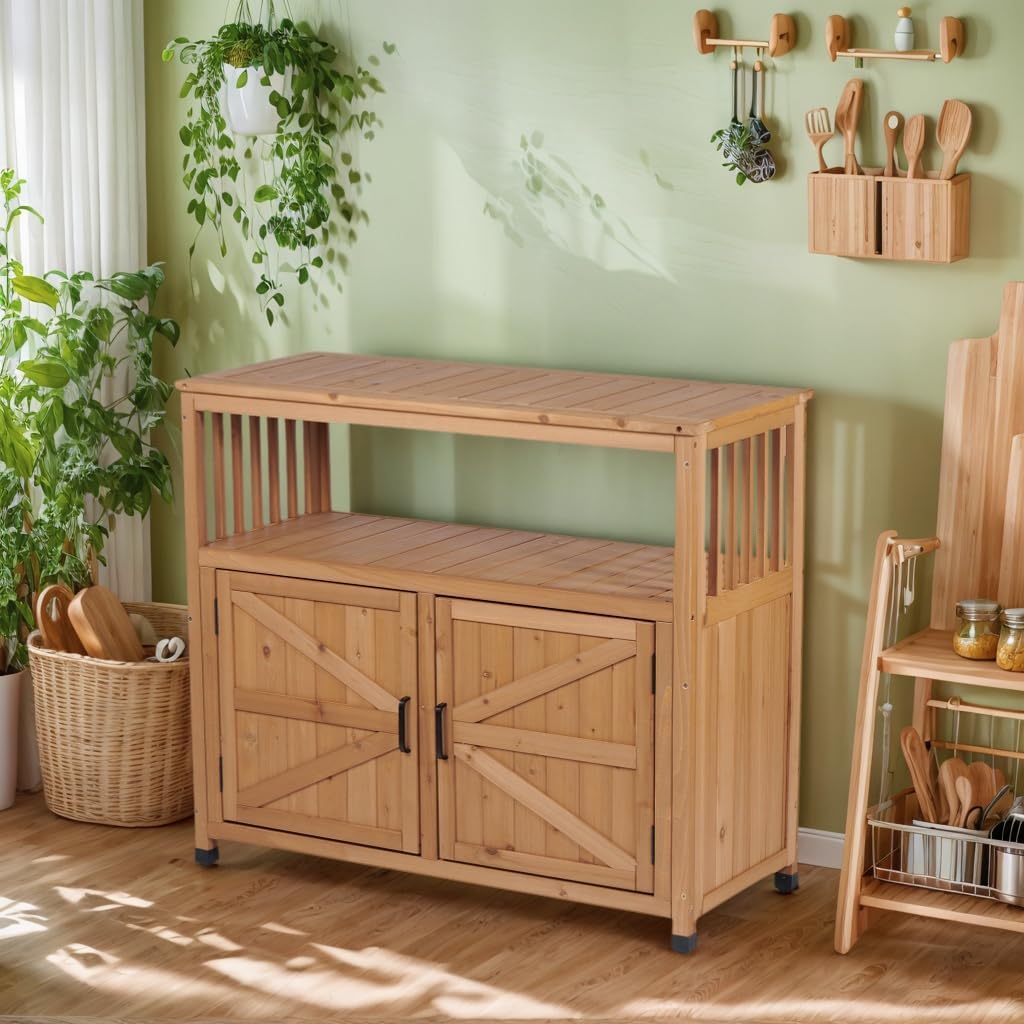 All-Weather Teak Wood Patio Bar Table with Storage - Double-Door Buffet Cabinet & Sideboard Server for Indoor Outdoor Use, Kitchen Dining Room, Poolside Entertaining