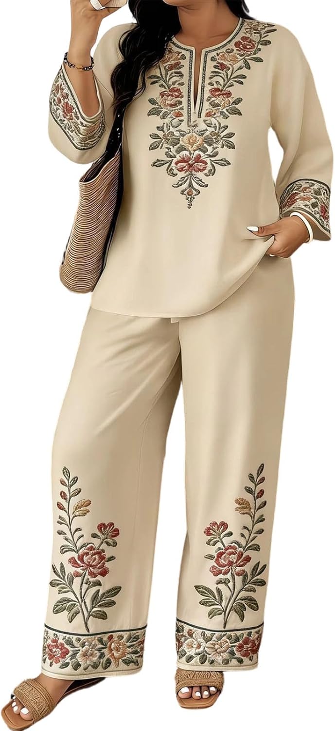 Matching Lounge Sets for Women | Two Piece Floral | Boho Casual Set Long Sleeve Blouse and Palazzo Pants | for Travel Going
