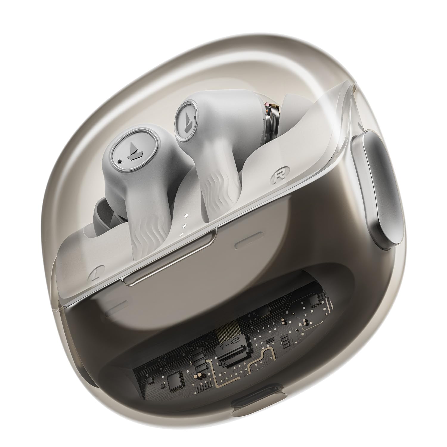 boAt New Launch Nirvana Crystl, Transparent Case,Spatial Audio, ANC(~32dB), 100Hrs Battery,4Mics ENx, Dual Pair,App Support, Bluetooth Earbuds, TWS Ear Buds Wireless Earphones with mic (White Lustre)