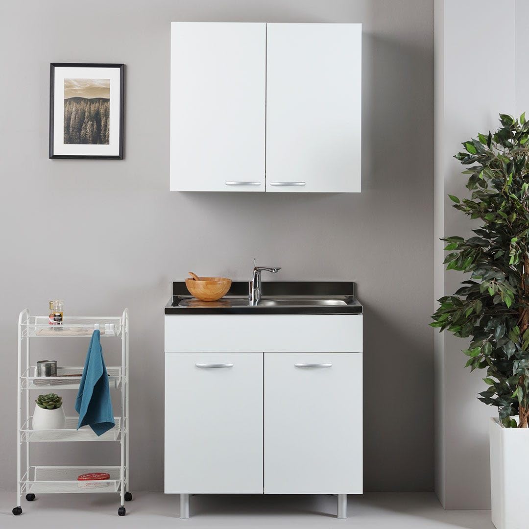 Cucina in Kit 80 cm Bianco con Mobile Sottolavabo e Pensile Scolapiatti - Design Compatto