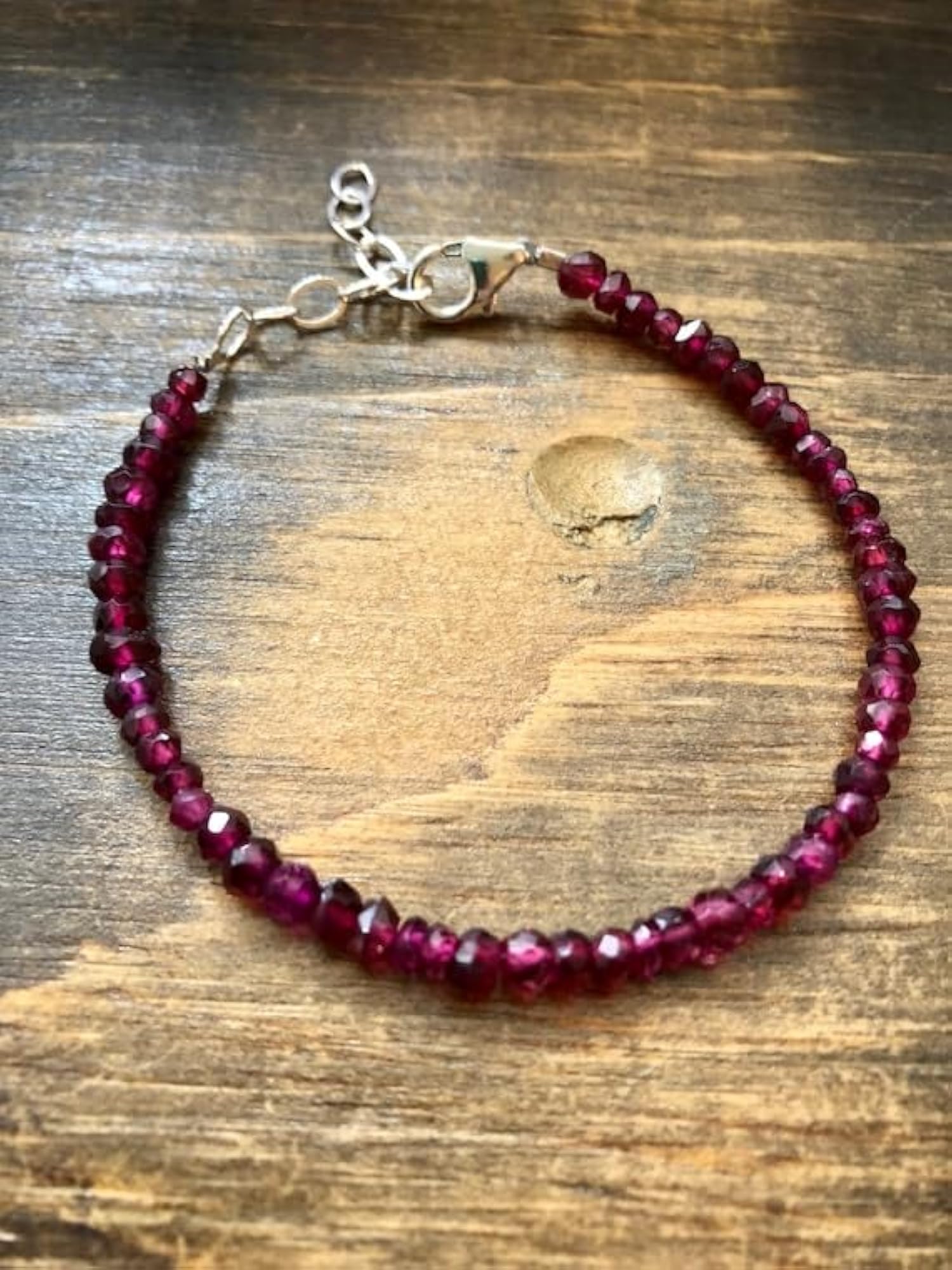 Garnet Rondelle Beaded Bracelet with Silver Lock, Adjustable